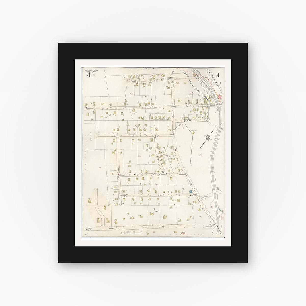 Old map wall art mockup — black gallery frame with white mat — Sanborn Fire Insurance Map from Cohasset, Norfolk County, Massachusetts (1940), Sheet #0004