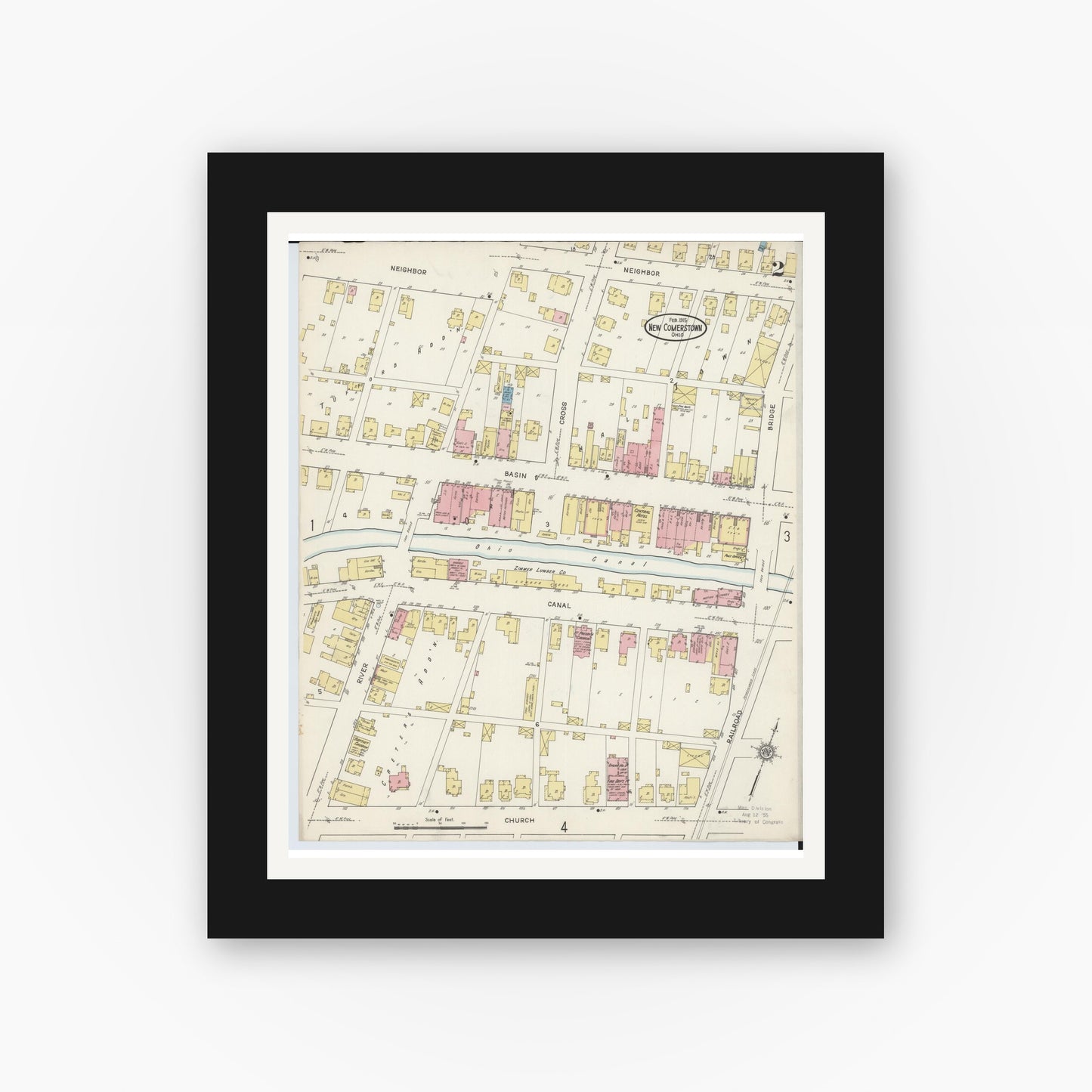 Old map wall art mockup — black gallery frame with white mat — Sanborn Fire Insurance Map from Newcomerstown, Tuscarawas County, Ohio (1915), Sheet #0002
