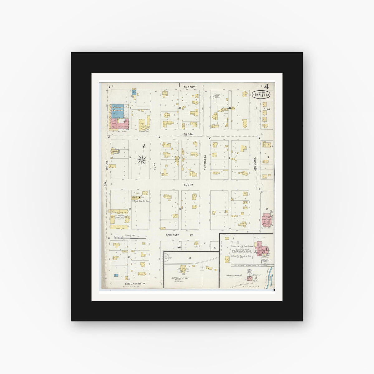 Old map wall art mockup — black gallery frame with white mat — Sanborn Fire Insurance Map from Henrietta, Clay County, Texas (1896), Sheet #0004