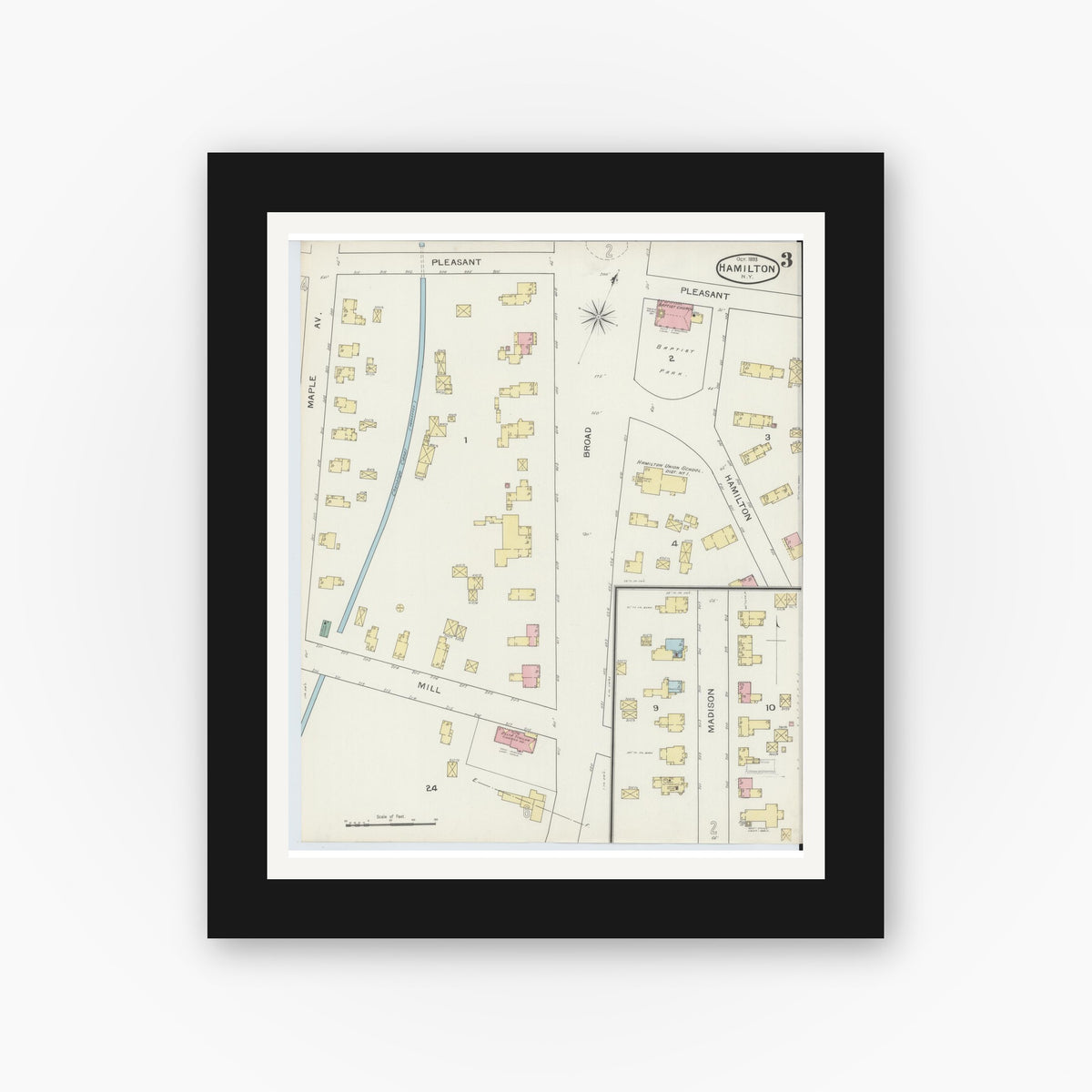 Old map wall art mockup — black gallery frame with white mat — Sanborn Fire Insurance Map from Hamilton, Madison County, New York (1893), Sheet #0003