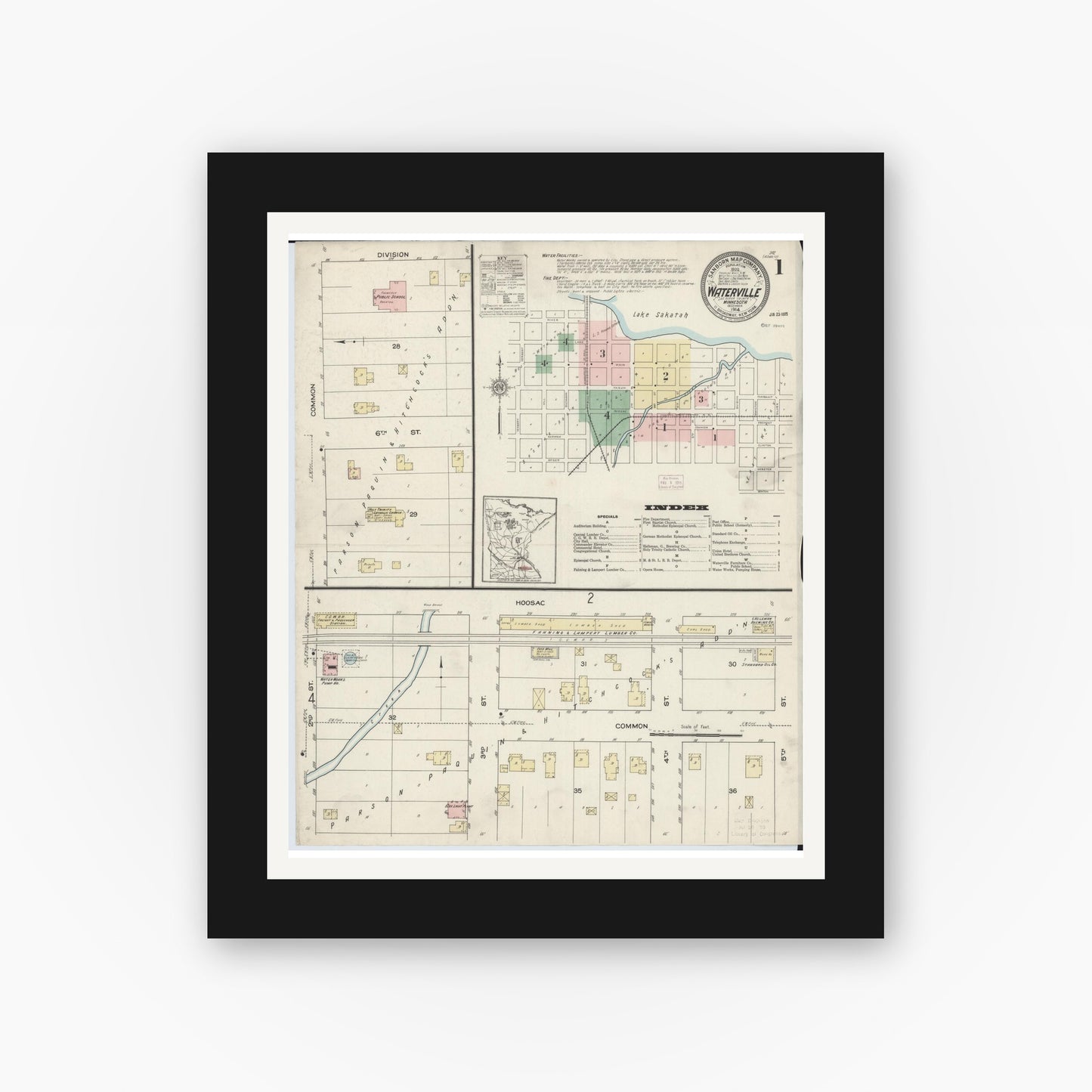 Old map wall art mockup — black gallery frame with white mat — Sanborn Fire Insurance Map from Waterville, Le Sueur County, Minnesota (1914) - Complete Map Set