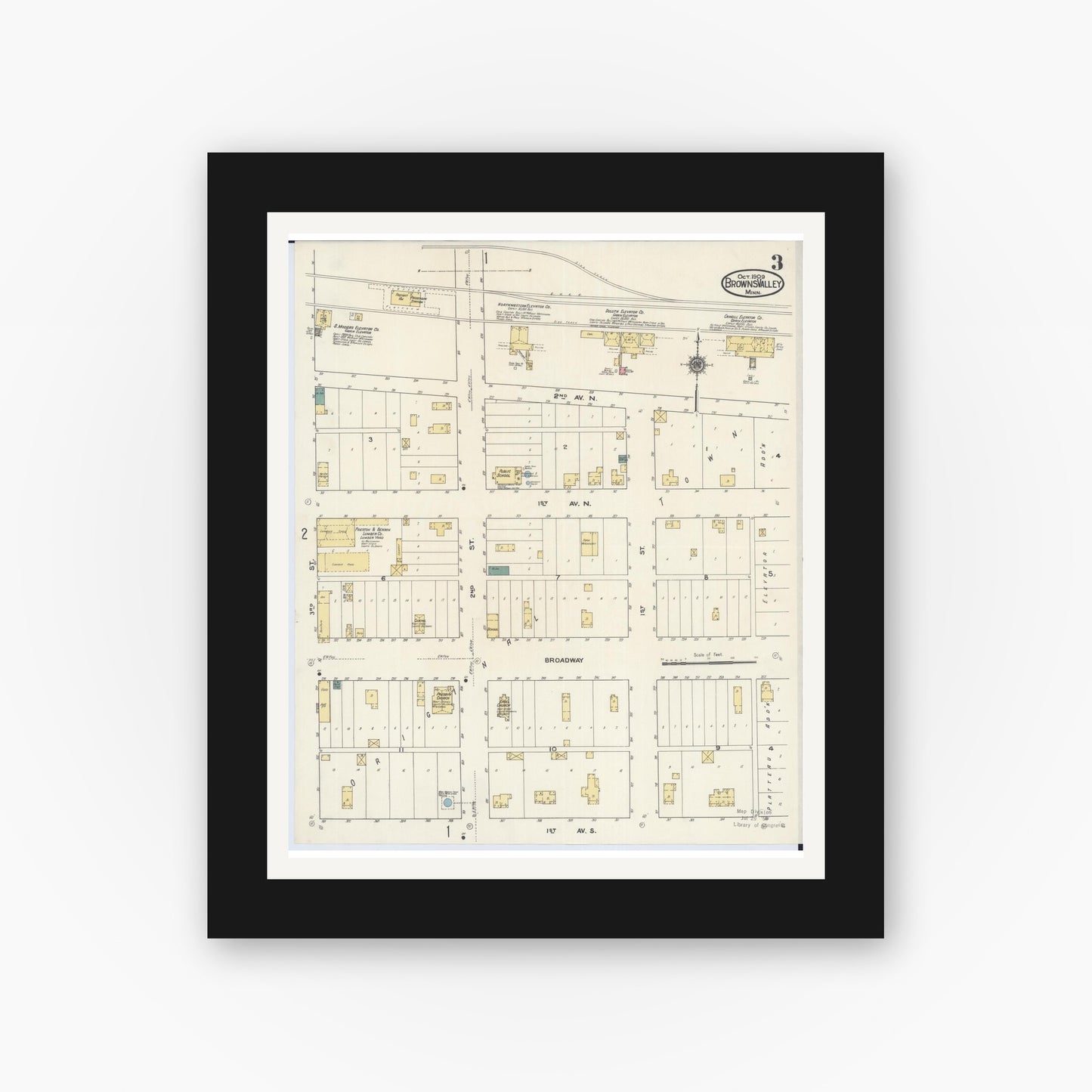 Old map wall art mockup — black gallery frame with white mat — Sanborn Fire Insurance Map from Browns Valley, Traverse County, Minnesota (1909), Sheet #0003
