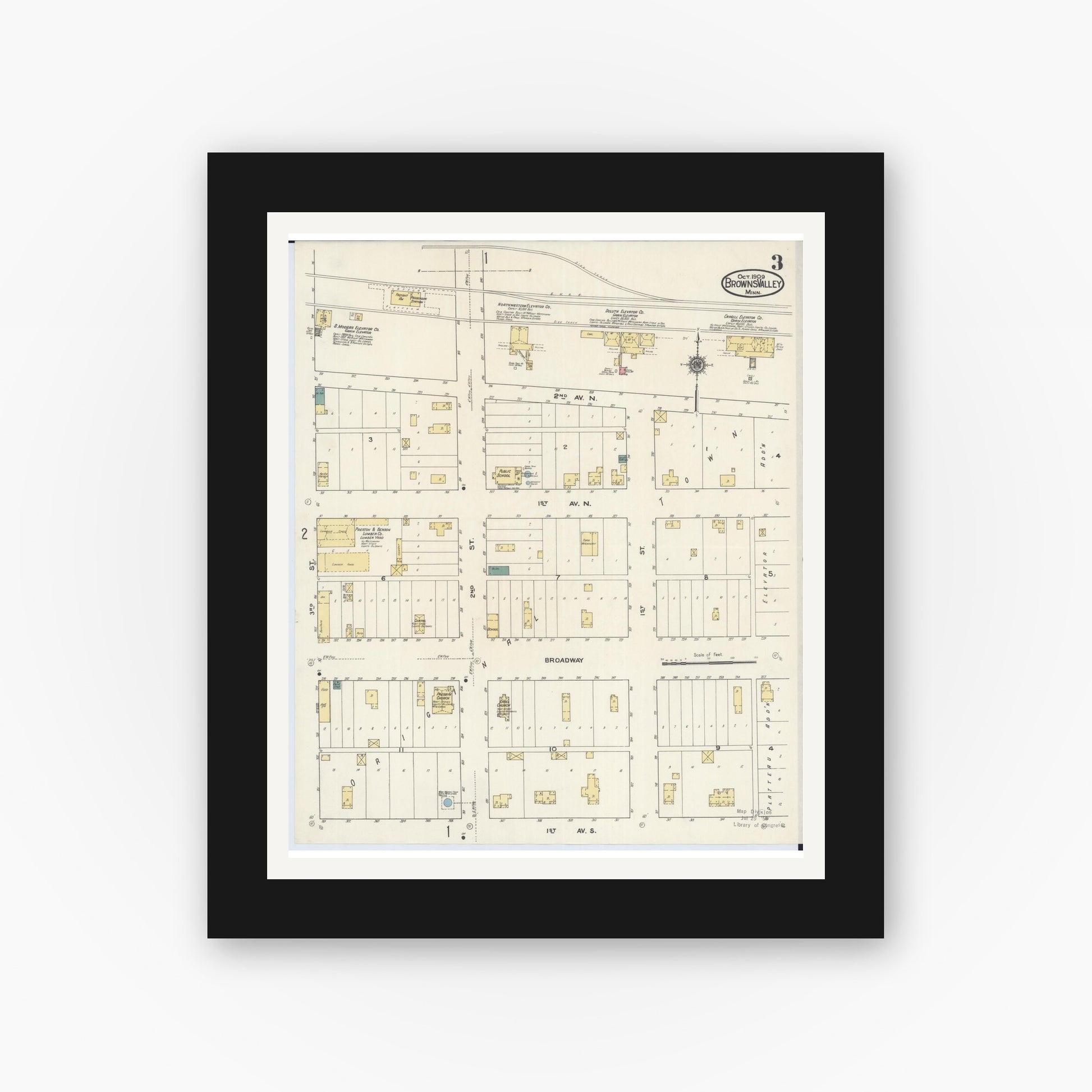 Old map wall art mockup — black gallery frame with white mat — Sanborn Fire Insurance Map from Browns Valley, Traverse County, Minnesota (1909), Sheet #0003