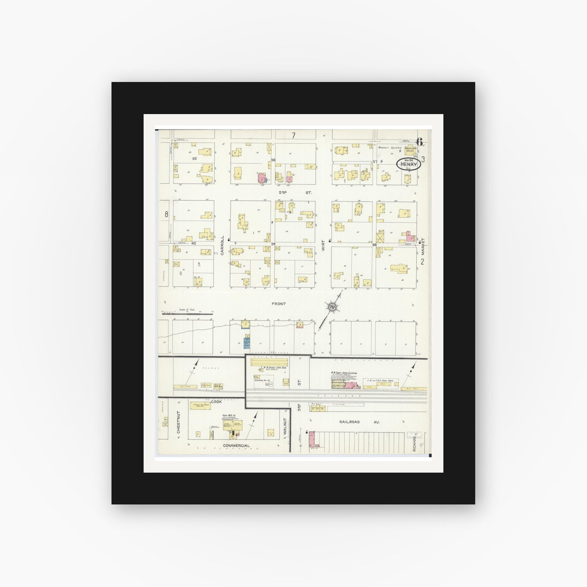 Old map wall art mockup — black gallery frame with white mat — Sanborn Fire Insurance Map from Henry, Marshall County, Illinois (1913), Sheet #0006