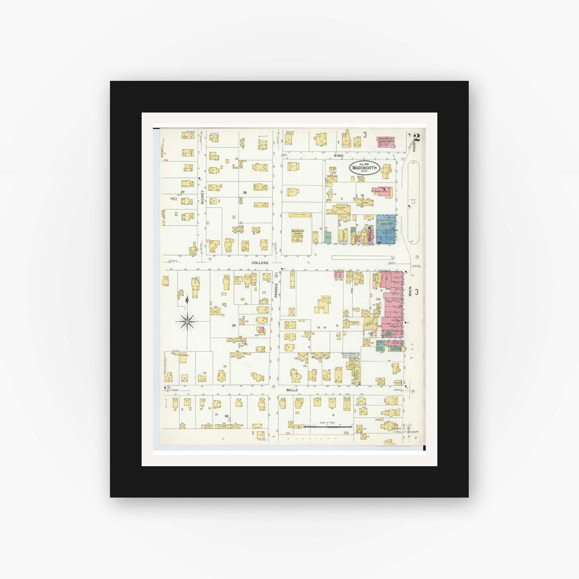 Old map wall art mockup — black gallery frame with white mat — Sanborn Fire Insurance Map from Wadsworth, Medina County, Ohio (1908), Sheet #0002