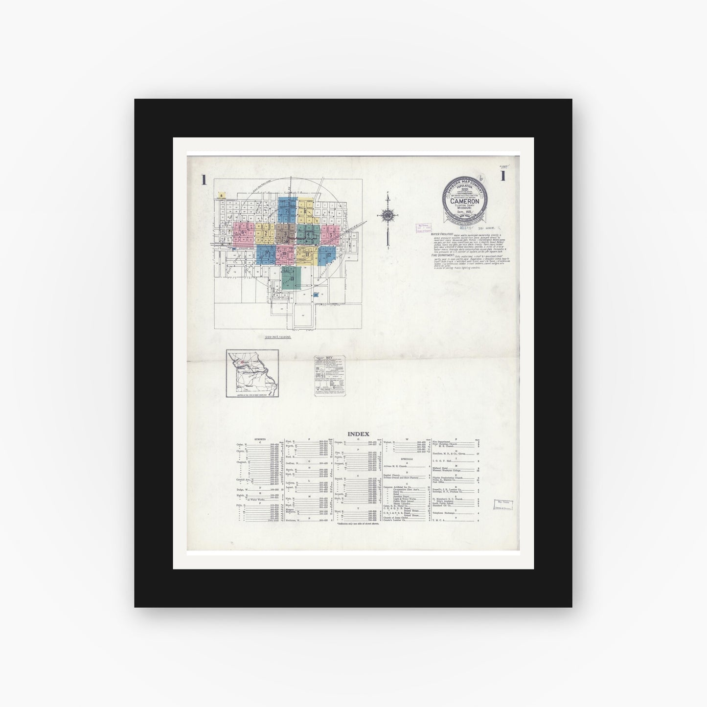 Old map wall art mockup — black gallery frame with white mat — Sanborn Fire Insurance Map from Cameron, Clinton County, Missouri (1925) - Complete Map Set