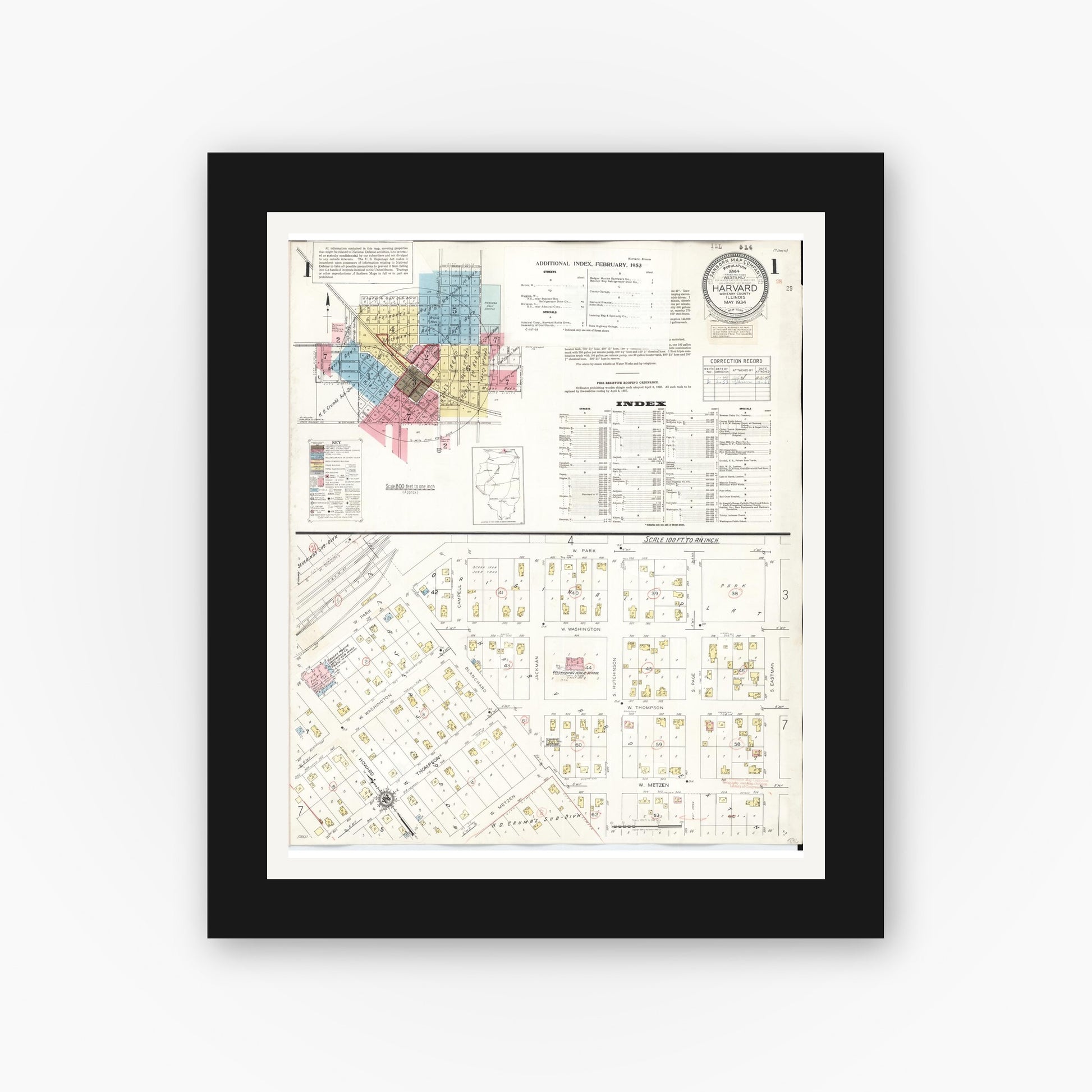 Old map wall art mockup — black gallery frame with white mat — Sanborn Fire Insurance Map from Harvard, McHenry County, Illinois (1953), Sheet #0001