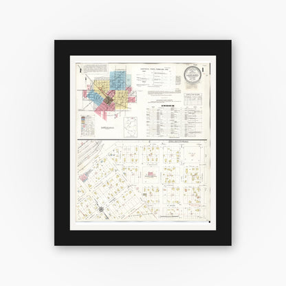 Old map wall art mockup — black gallery frame with white mat — Sanborn Fire Insurance Map from Harvard, McHenry County, Illinois (1953), Sheet #0001