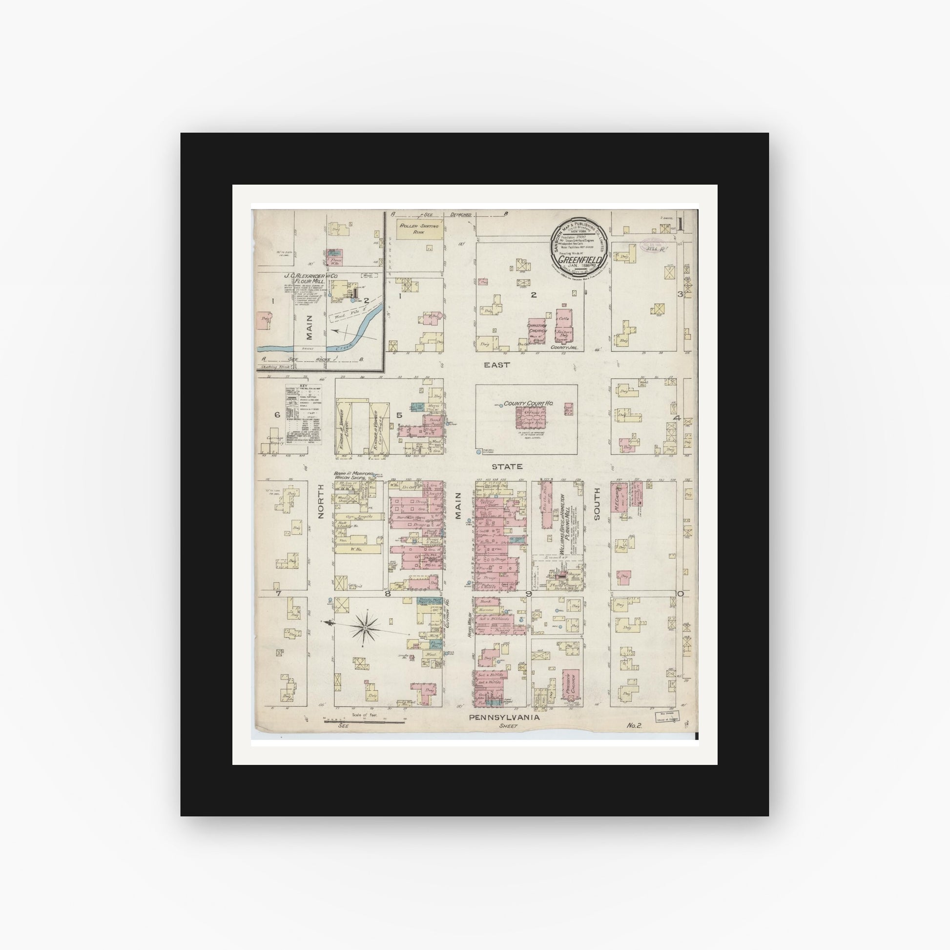 Old map wall art mockup — black gallery frame with white mat — Sanborn Fire Insurance Map from Greenfield, Hancock County, Indiana (1886) - Complete Map Set