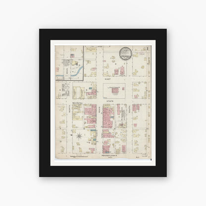 Old map wall art mockup — black gallery frame with white mat — Sanborn Fire Insurance Map from Greenfield, Hancock County, Indiana (1886) - Complete Map Set