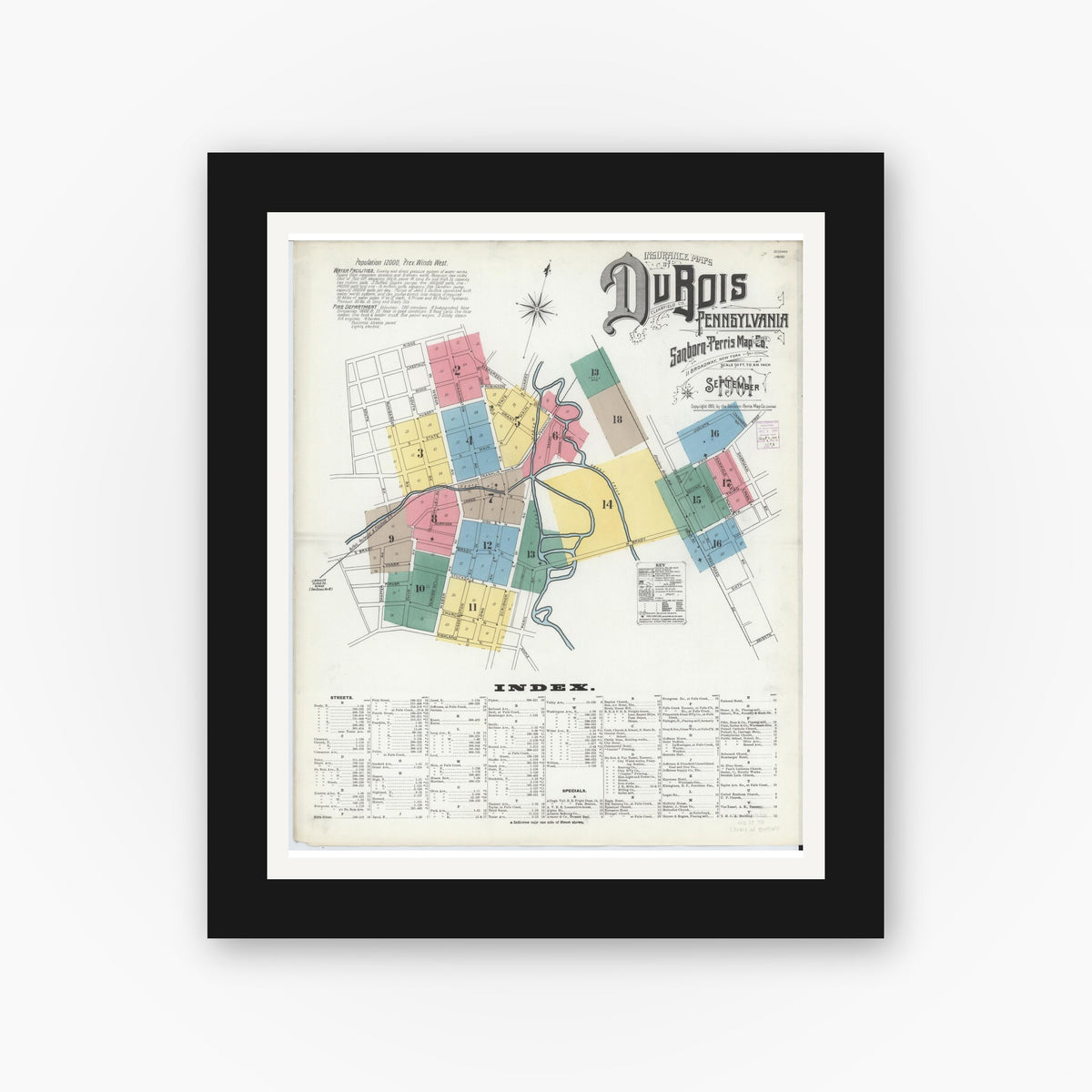 Old map wall art mockup — black gallery frame with white mat — Sanborn Fire Insurance Map from Du Bois, Clearfield County, Pennsylvania (1901), Sheet #0001