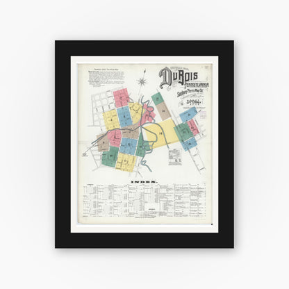 Old map wall art mockup — black gallery frame with white mat — Sanborn Fire Insurance Map from Du Bois, Clearfield County, Pennsylvania (1901), Sheet #0001