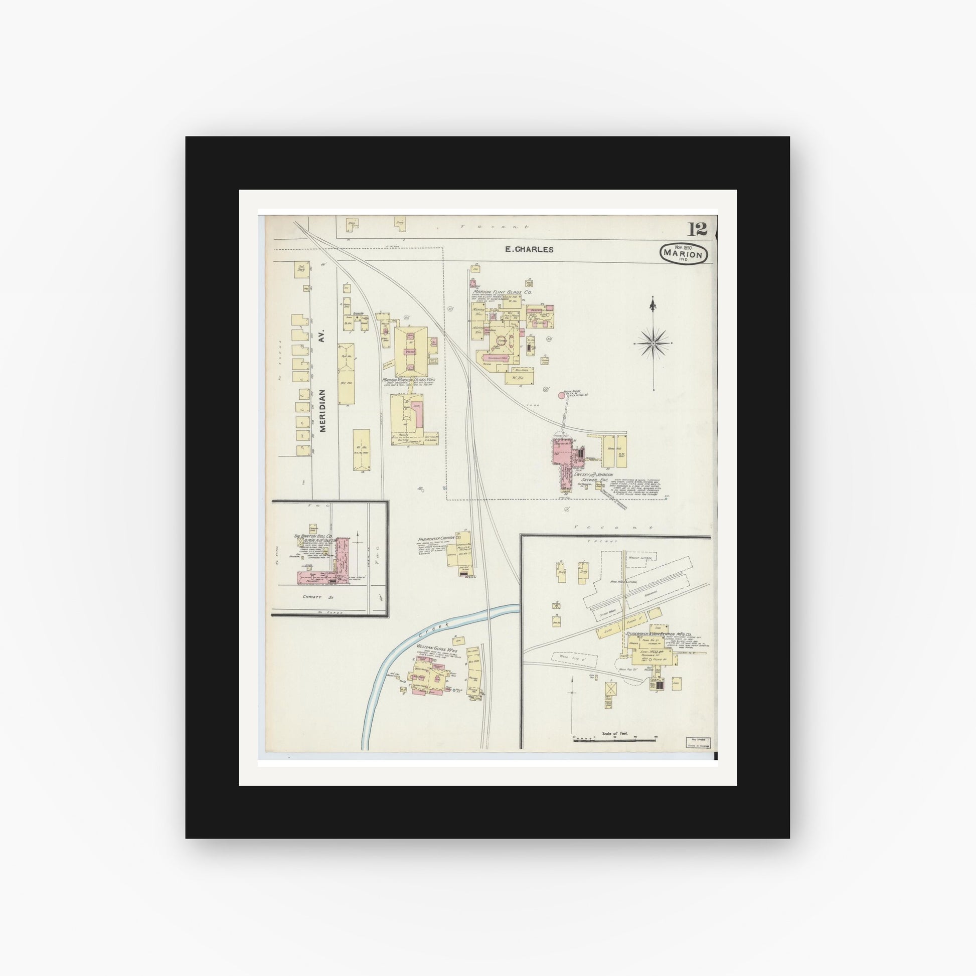 Old map wall art mockup — black gallery frame with white mat — Sanborn Fire Insurance Map from Marion, Grant County, Indiana (1890), Sheet #0012