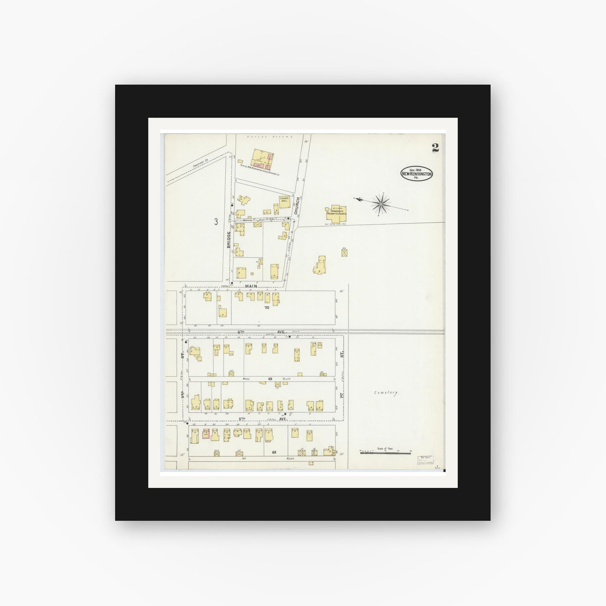 Old map wall art mockup — black gallery frame with white mat — Sanborn Fire Insurance Map from New Kensington, Westmoreland County, Pennsylvania (1905), Sheet #0002