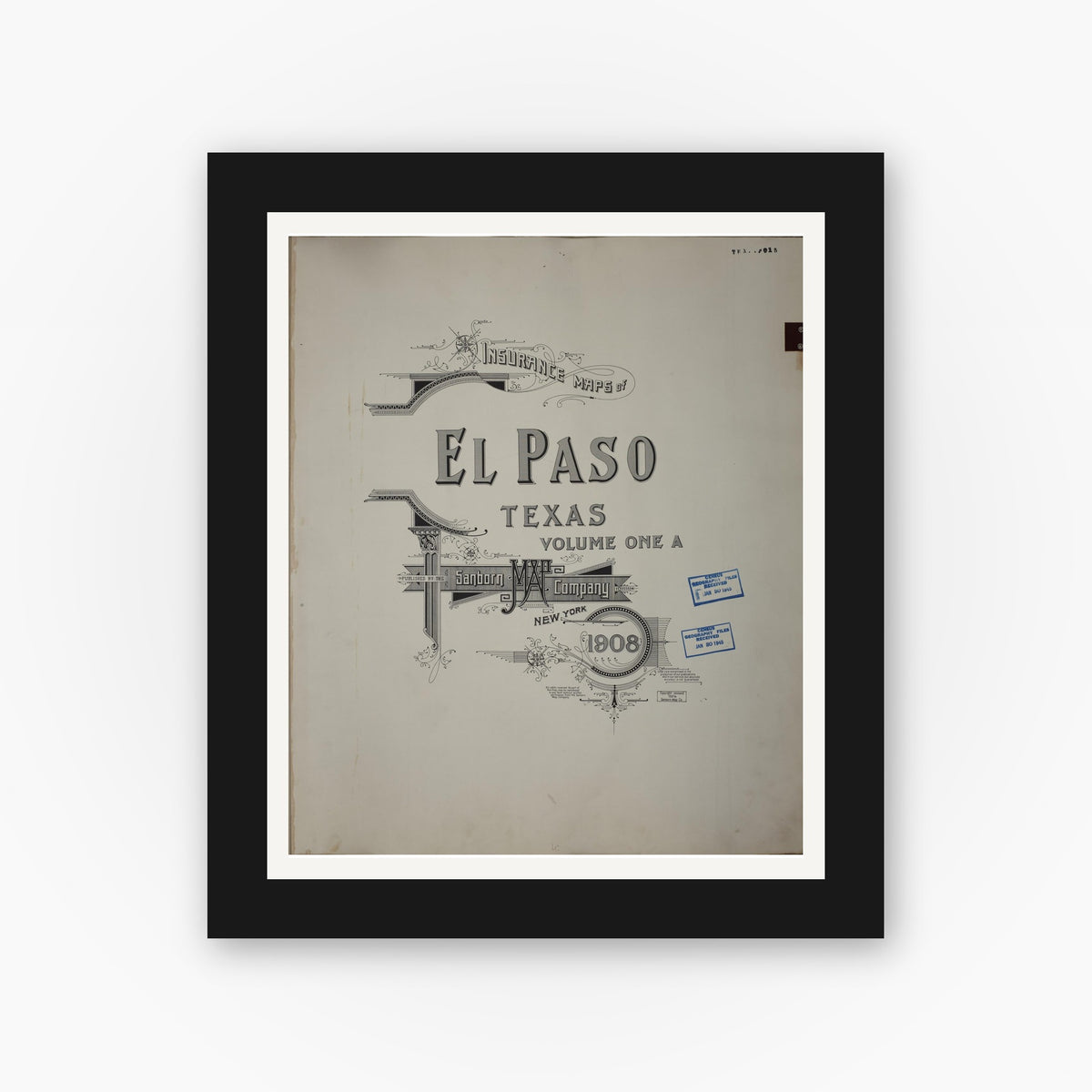Old map wall art mockup — black gallery frame with white mat — Sanborn Fire Insurance Map from El Paso, El Paso County, Texas (1952), Sheet #0001
