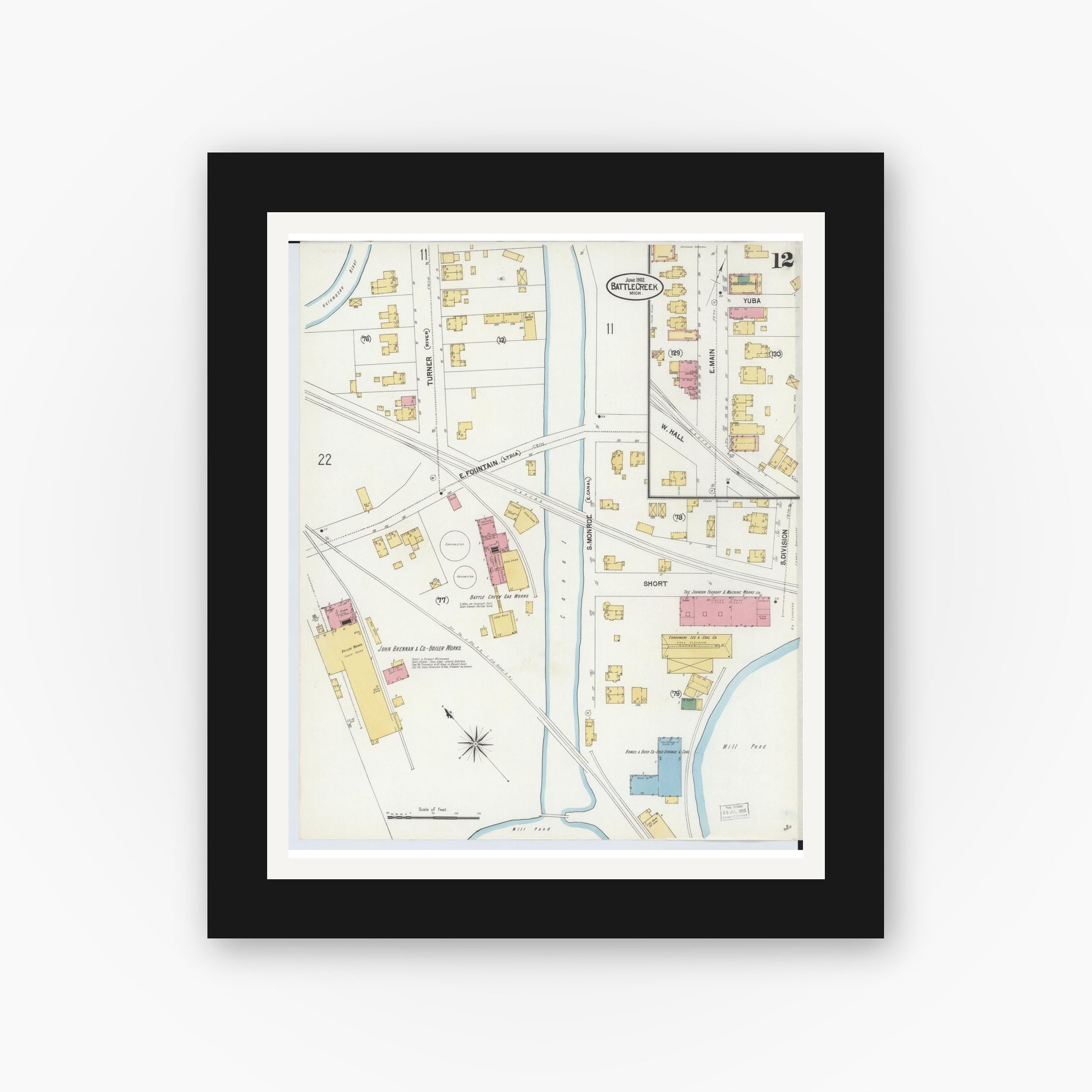 Old map wall art mockup — black gallery frame with white mat — Sanborn Fire Insurance Map from Battle Creek, Calhoun County, Michigan (1902), Sheet #0012