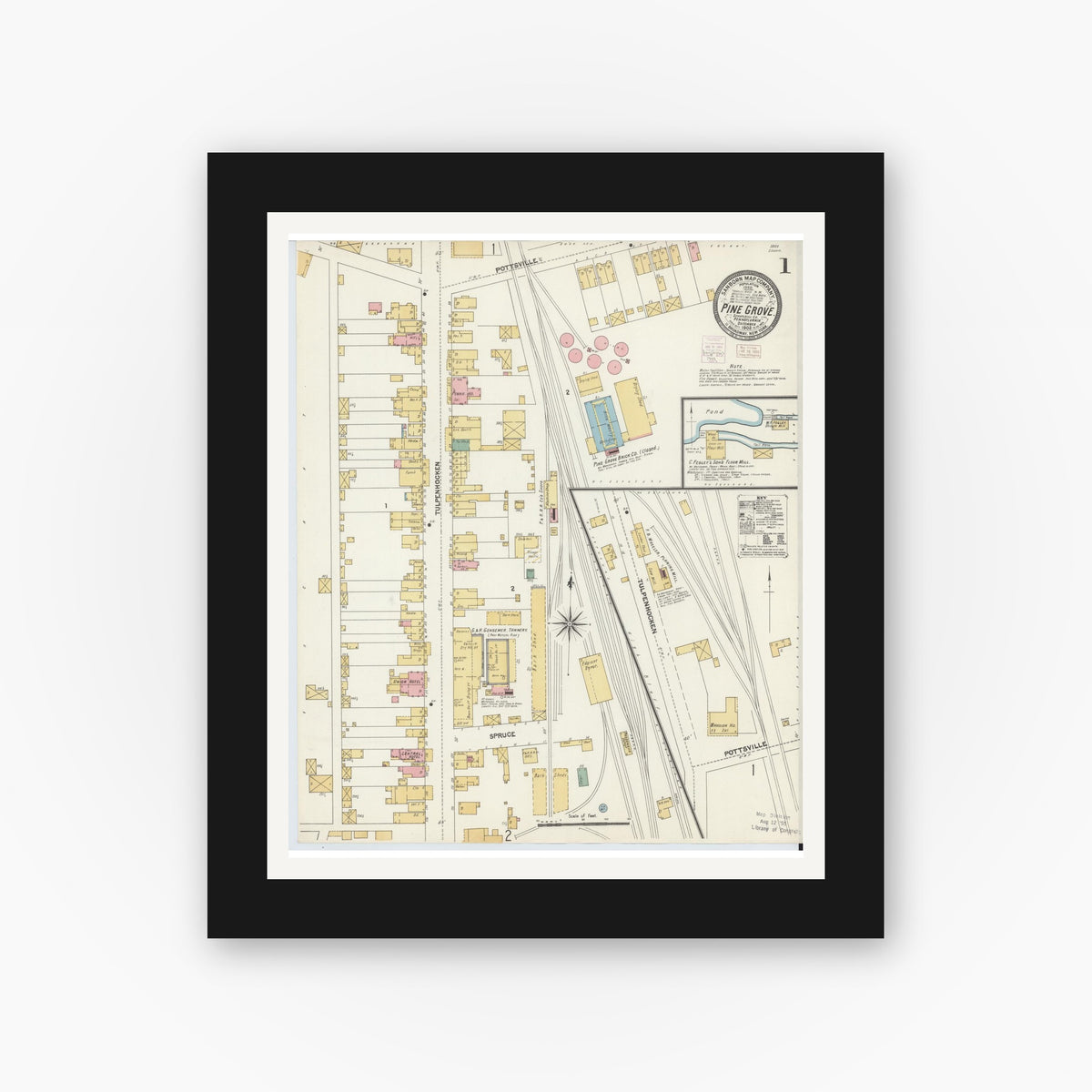 Old map wall art mockup — black gallery frame with white mat — Sanborn Fire Insurance Map from Pine Grove, Schuylkill County, Pennsylvania (1902), Sheet #0001