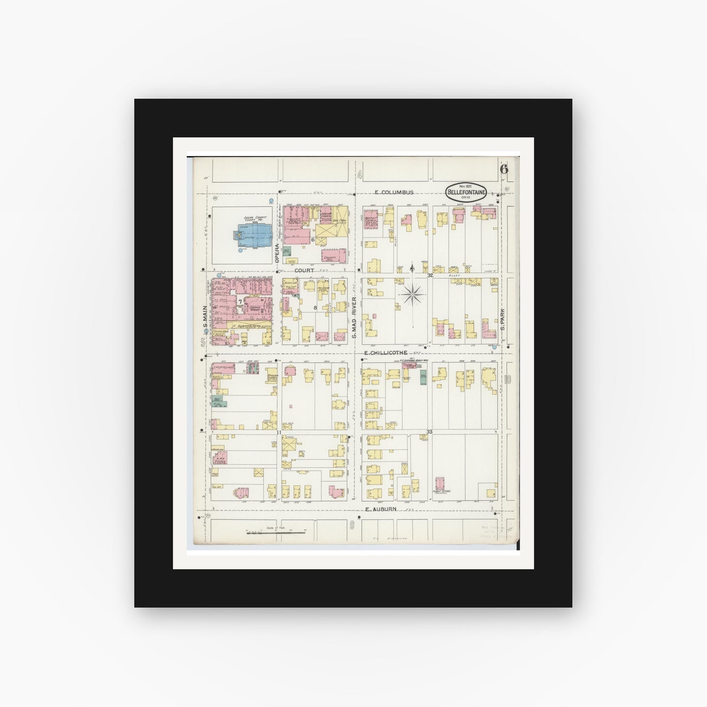 Old map wall art mockup — black gallery frame with white mat — Sanborn Fire Insurance Map from Bellefontaine, Logan County, Ohio (1892), Sheet #0006