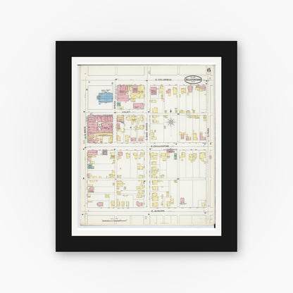 Old map wall art mockup — black gallery frame with white mat — Sanborn Fire Insurance Map from Bellefontaine, Logan County, Ohio (1892), Sheet #0006
