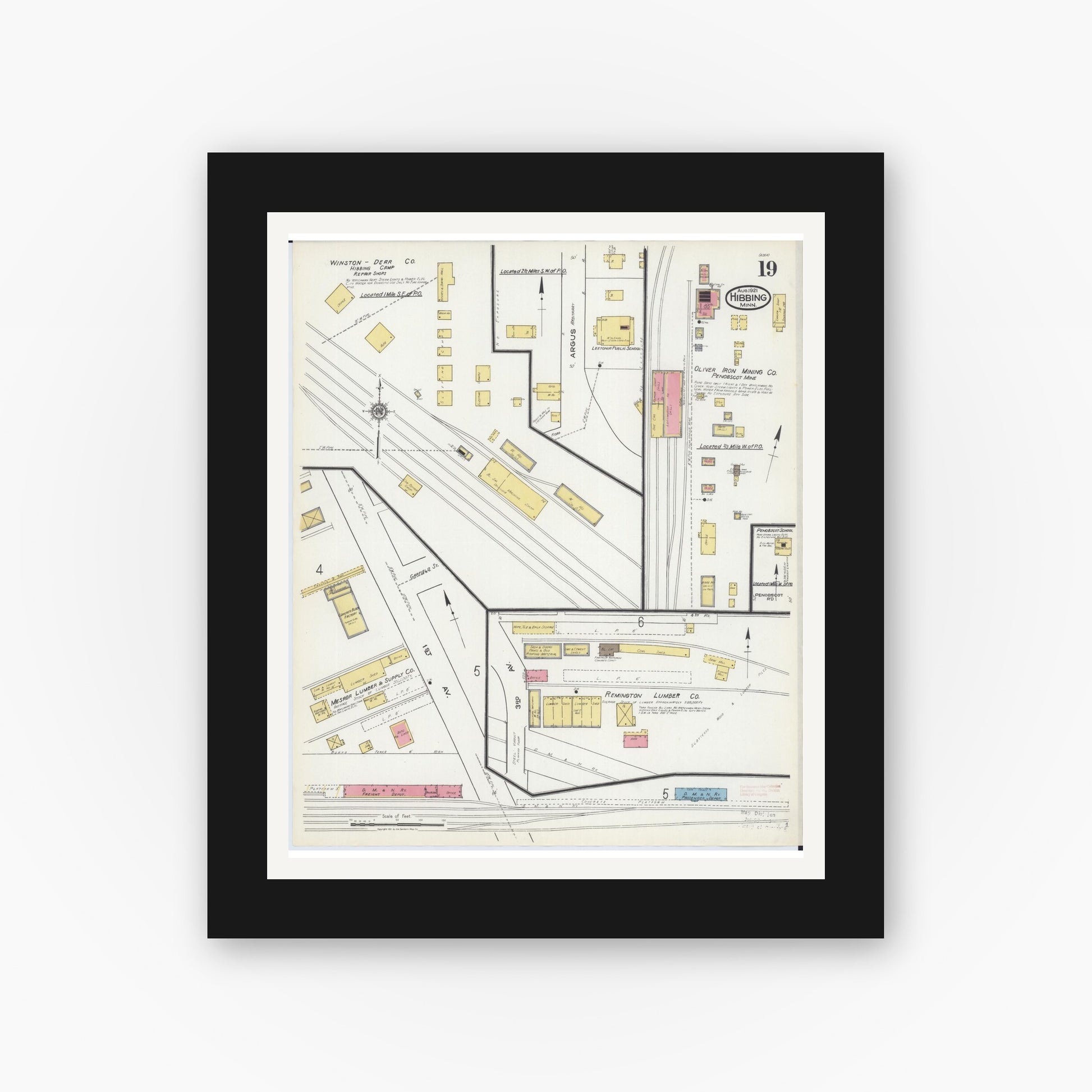 Old map wall art mockup — black gallery frame with white mat — Sanborn Fire Insurance Map from Hibbing, Saint Louis County, Minnesota (1921), Sheet #0019