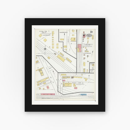 Old map wall art mockup — black gallery frame with white mat — Sanborn Fire Insurance Map from Hibbing, Saint Louis County, Minnesota (1921), Sheet #0019