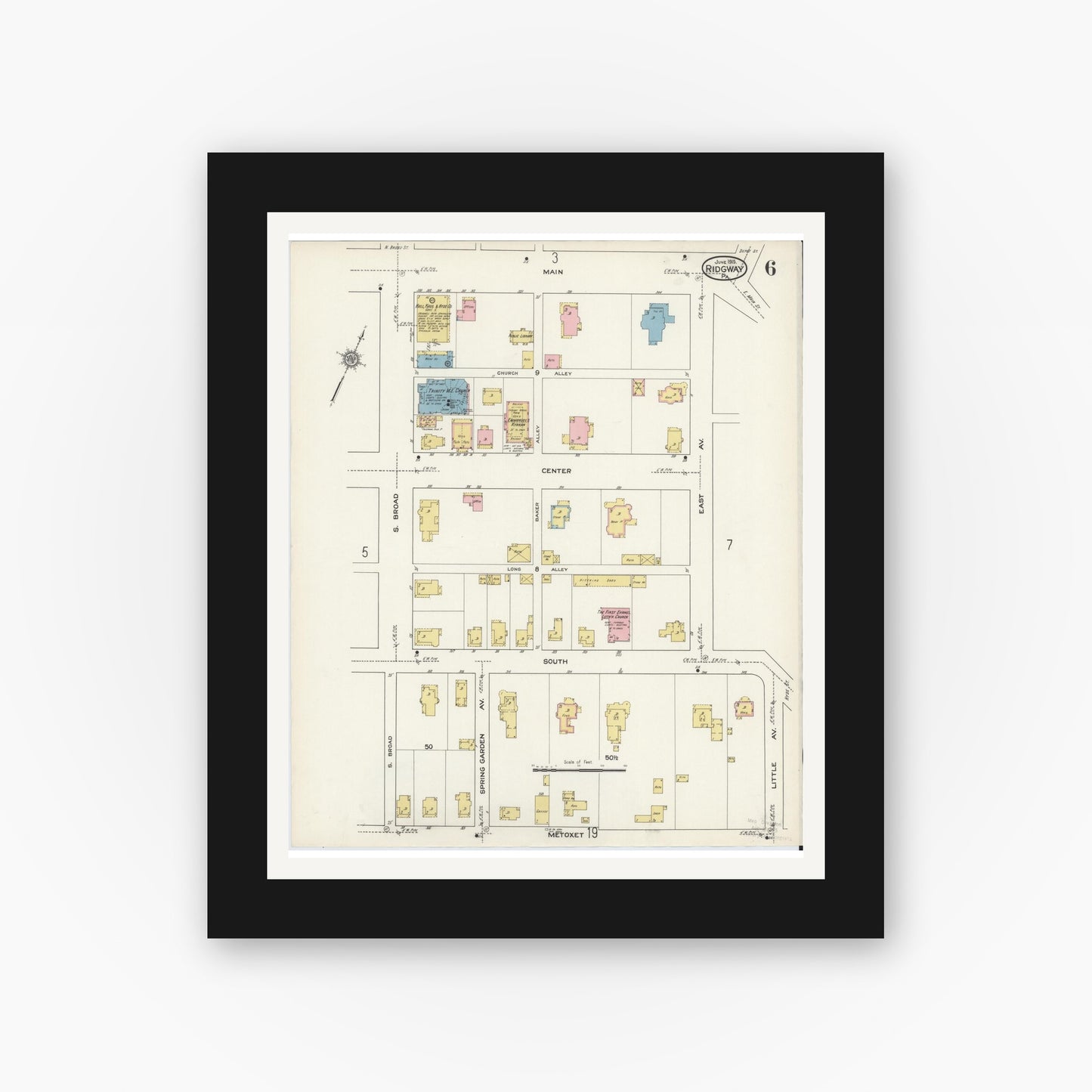 Old map wall art mockup — black gallery frame with white mat — Sanborn Fire Insurance Map from Ridgway, Elk County, Pennsylvania (1915), Sheet #0006