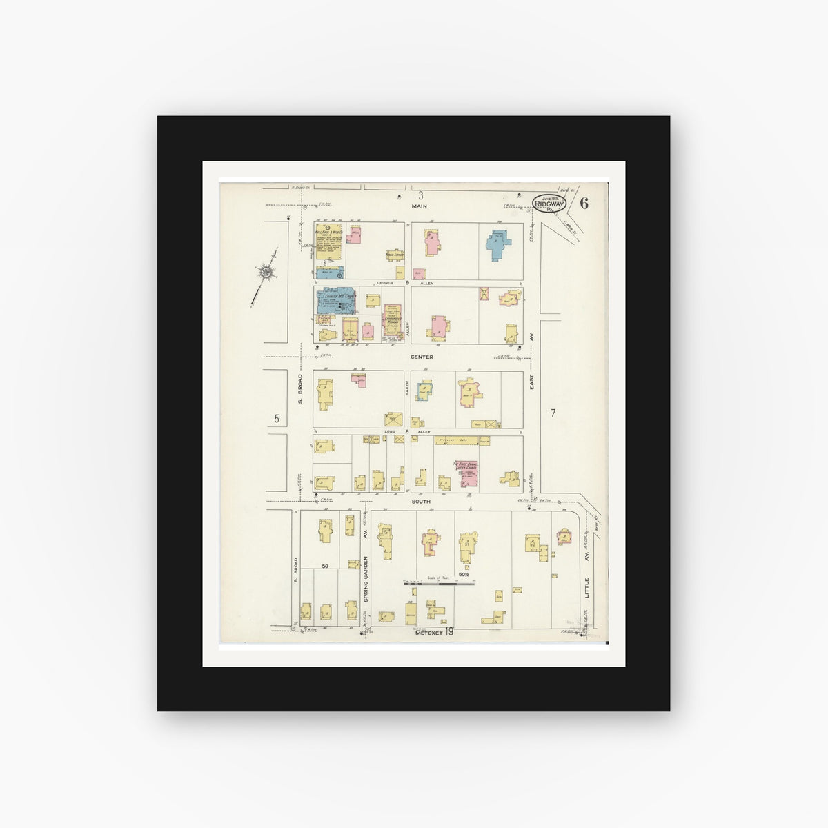 Old map wall art mockup — black gallery frame with white mat — Sanborn Fire Insurance Map from Ridgway, Elk County, Pennsylvania (1915), Sheet #0006