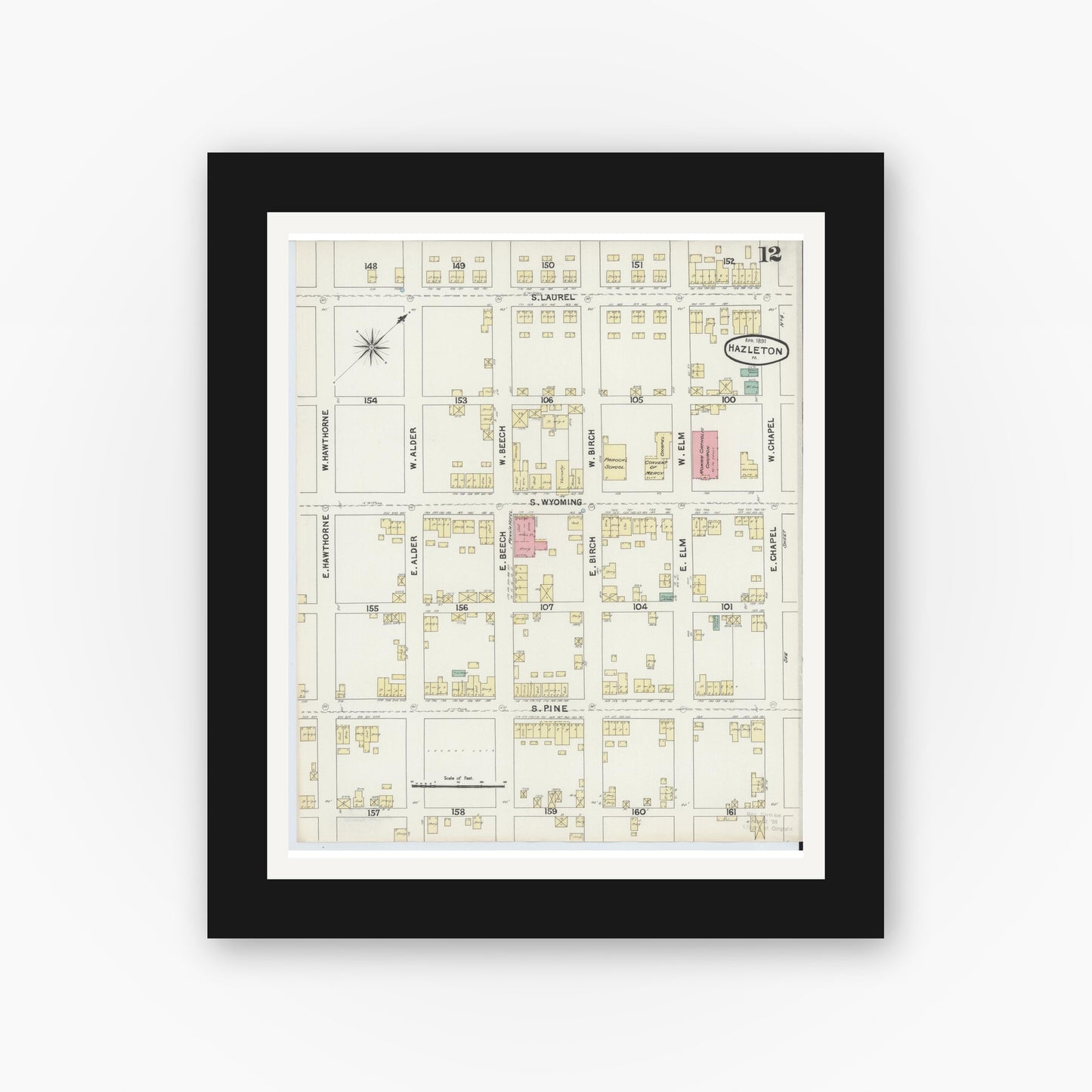Old map wall art mockup — black gallery frame with white mat — Sanborn Fire Insurance Map from Hazleton, Luzerne County, Pennsylvania (1891), Sheet #0012