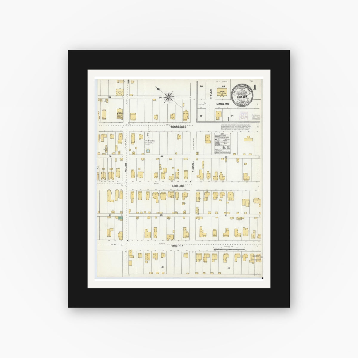 Old map wall art mockup — black gallery frame with white mat — Sanborn Fire Insurance Map from Crewe, Nottoway County, Virginia (1904) - Complete Map Set
