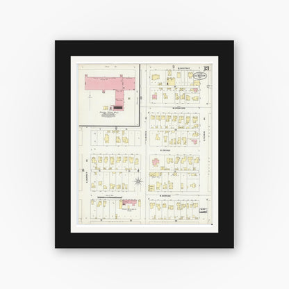 Old map wall art mockup — black gallery frame with white mat — Sanborn Fire Insurance Map from Denison, Grayson County, Texas (1897), Sheet #0013