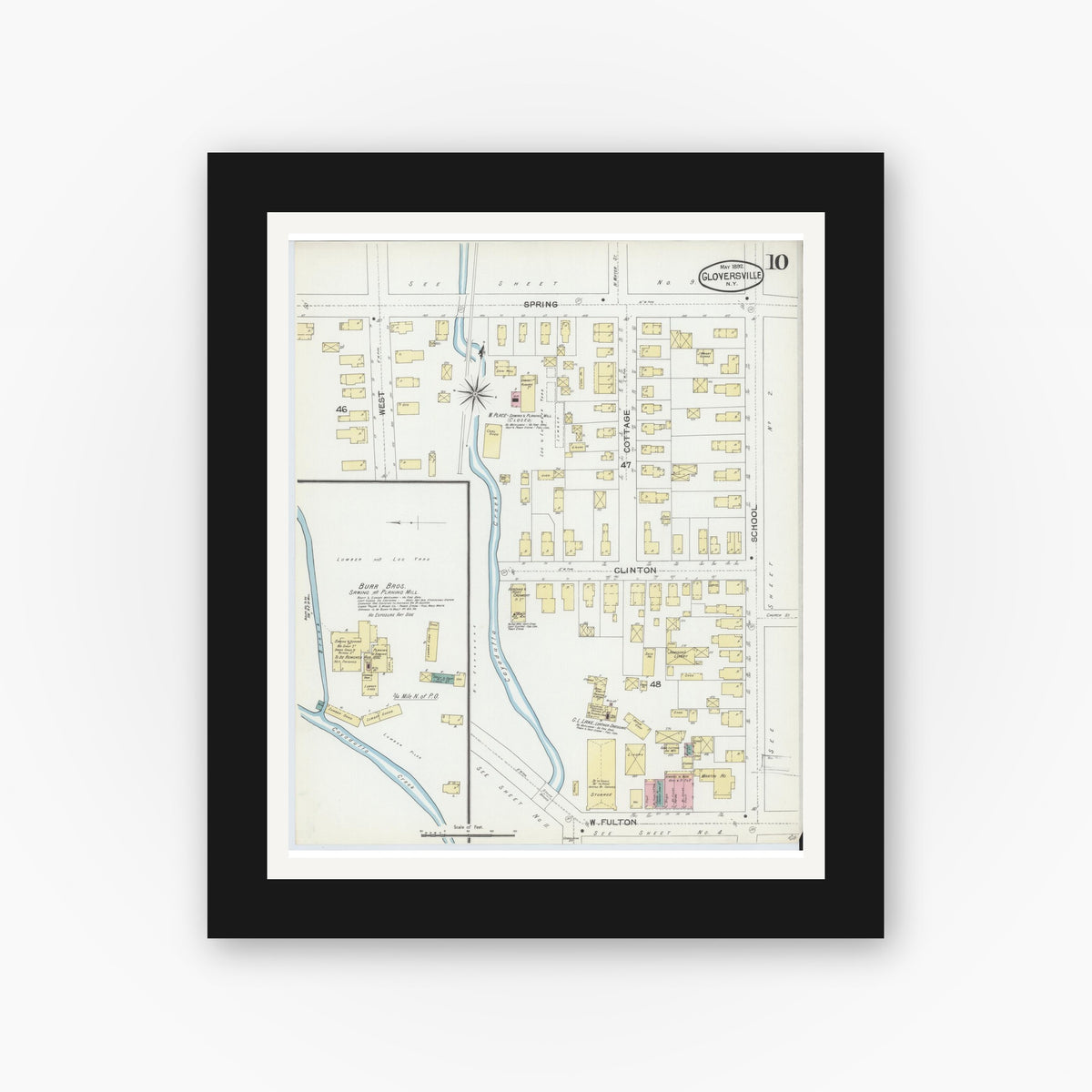 Old map wall art mockup — black gallery frame with white mat — Sanborn Fire Insurance Map from Gloversville, Fulton County, New York (1892), Sheet #0010