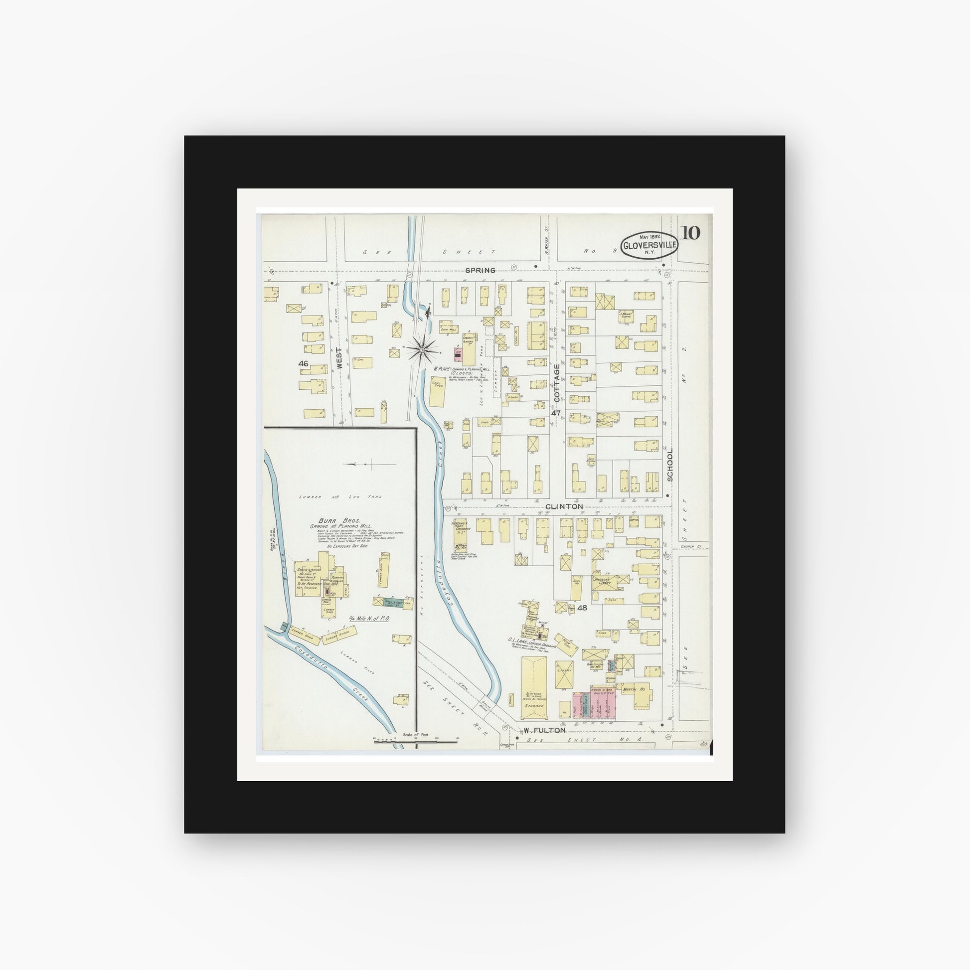 Old map wall art mockup — black gallery frame with white mat — Sanborn Fire Insurance Map from Gloversville, Fulton County, New York (1892), Sheet #0010