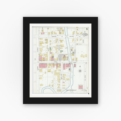 Old map wall art mockup — black gallery frame with white mat — Sanborn Fire Insurance Map from Shelby, Richland County, Ohio (1899), Sheet #0005