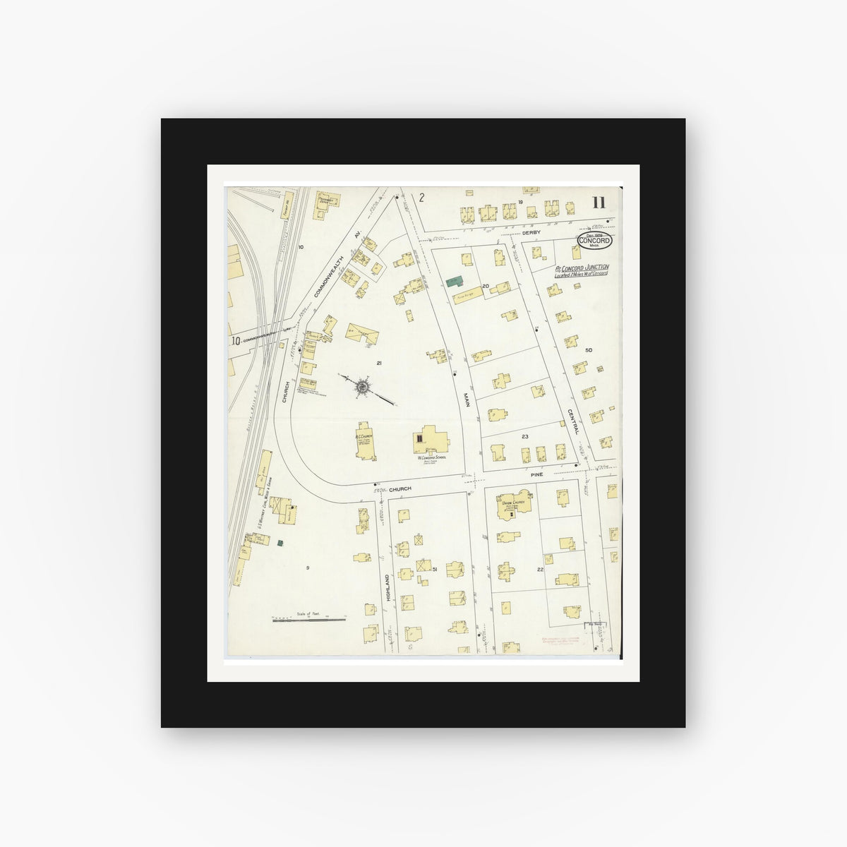 Old map wall art mockup — black gallery frame with white mat — Sanborn Fire Insurance Map from Concord, Middlesex County, Massachusetts (1909), Sheet #0011