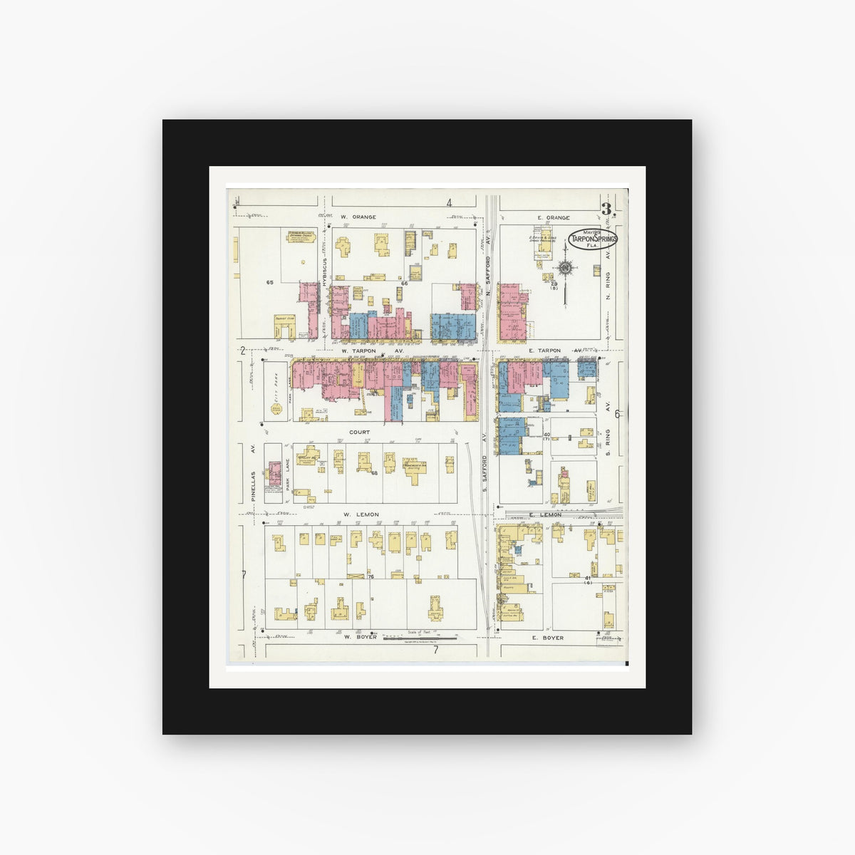 Old map wall art mockup — black gallery frame with white mat — Sanborn Fire Insurance Map from Tarpon Springs, Pinellas County, Florida (1919), Sheet #0003