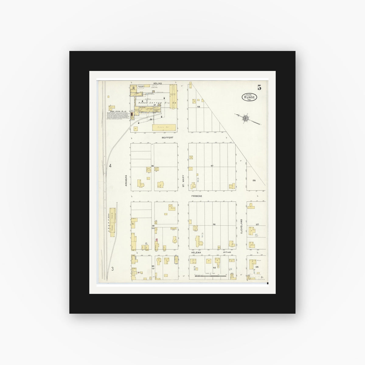 Old map wall art mockup — black gallery frame with white mat — Sanborn Fire Insurance Map from Runge, Karnes County, Texas (1912), Sheet #0005