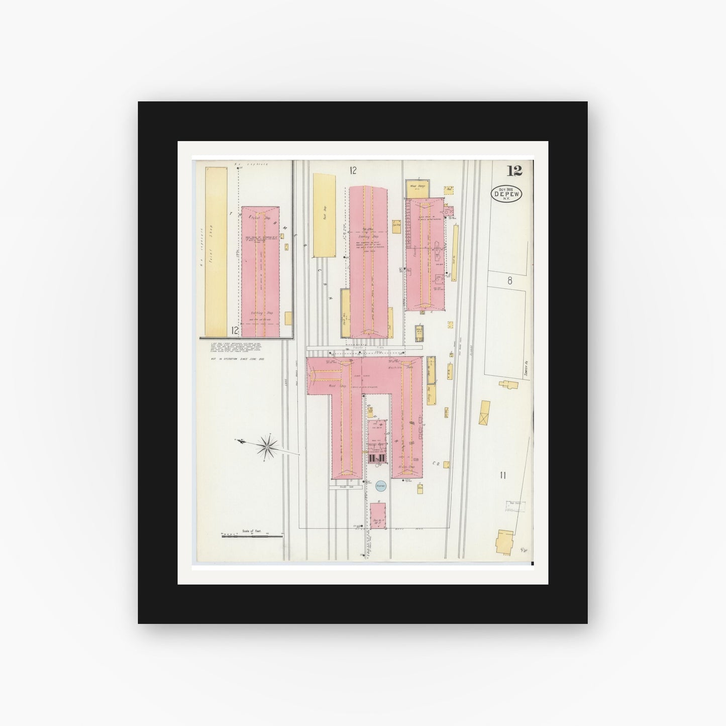 Old map wall art mockup — black gallery frame with white mat — Sanborn Fire Insurance Map from Depew, Erie County, New York (1905), Sheet #0012