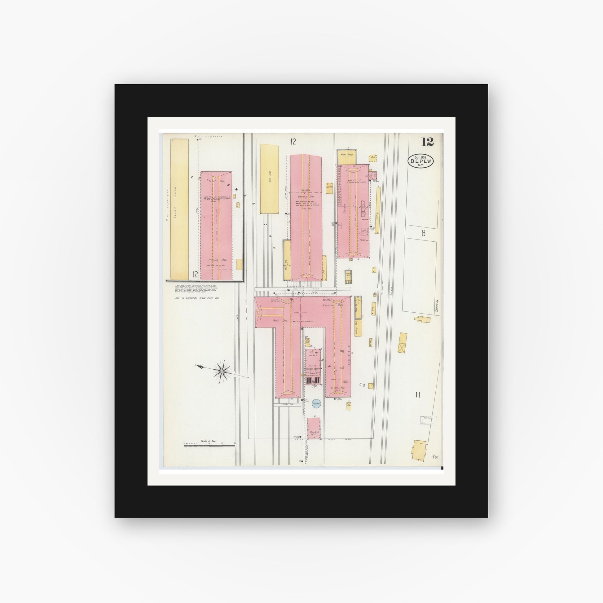 Old map wall art mockup — black gallery frame with white mat — Sanborn Fire Insurance Map from Depew, Erie County, New York (1905), Sheet #0012