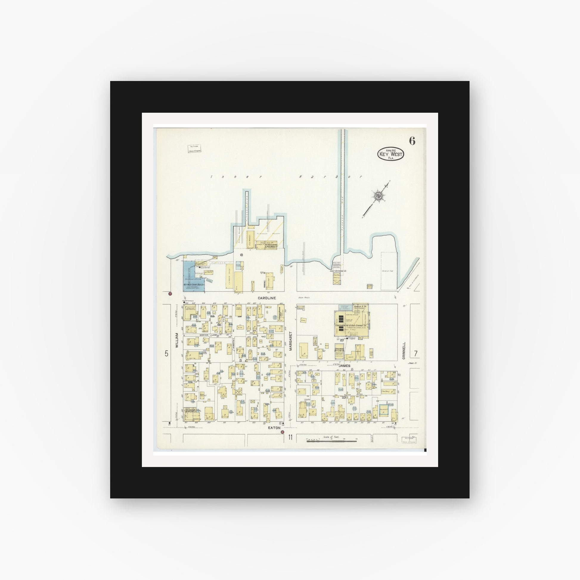 Old map wall art mockup — black gallery frame with white mat — Sanborn Fire Insurance Map from Key West, Monroe County, Florida (1912), Sheet #0006