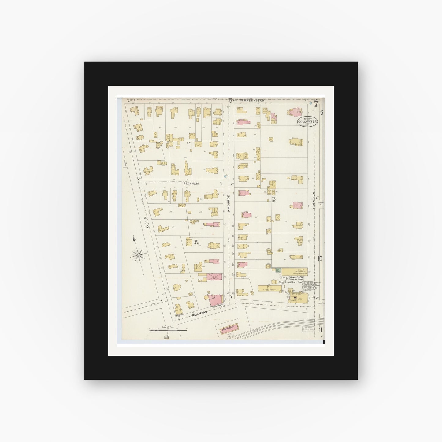 Old map wall art mockup — black gallery frame with white mat — Sanborn Fire Insurance Map from Coldwater, Branch County, Michigan (1897), Sheet #0007