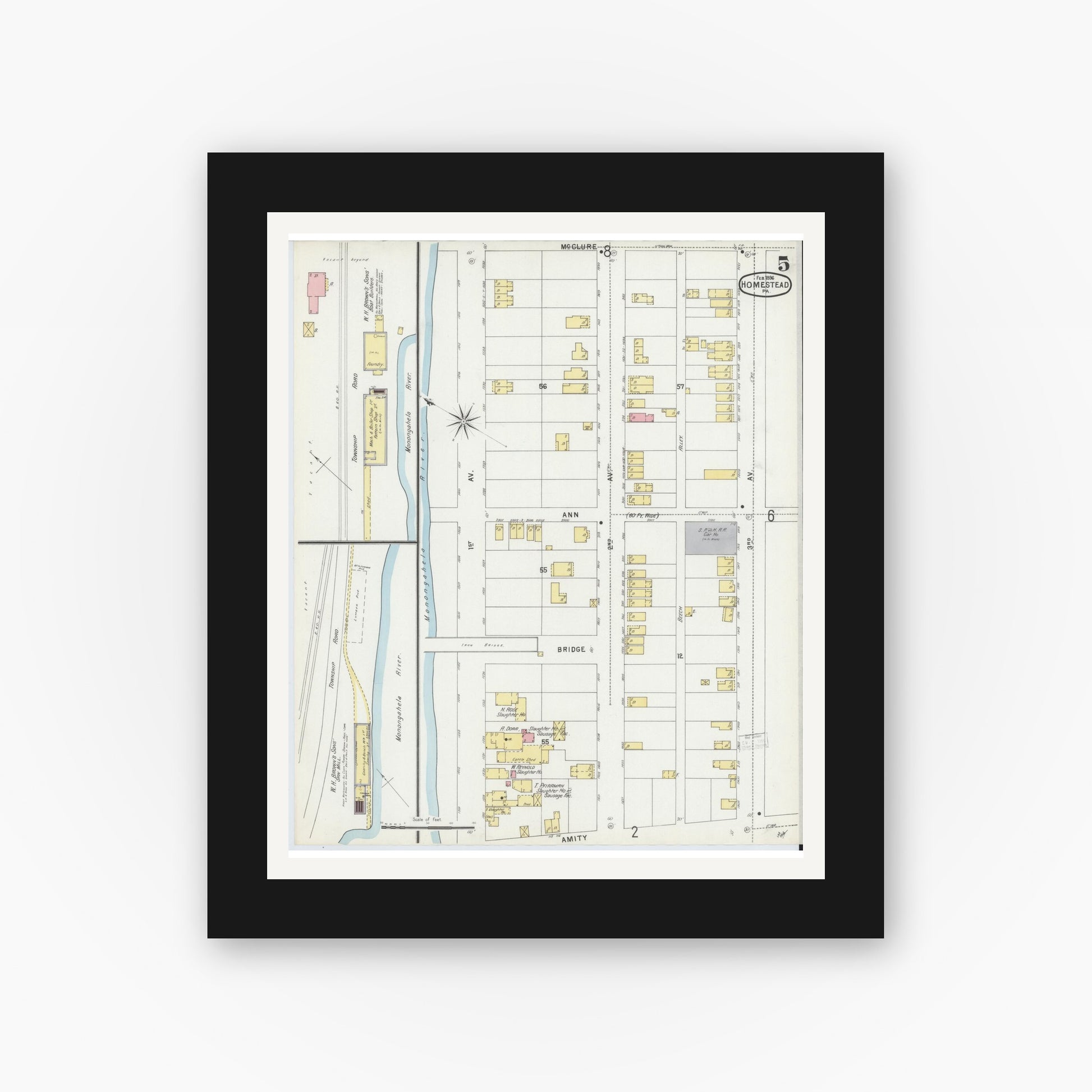 Old map wall art mockup — black gallery frame with white mat — Sanborn Fire Insurance Map from Homestead, Allegheny County, Pennsylvania (1896), Sheet #0005