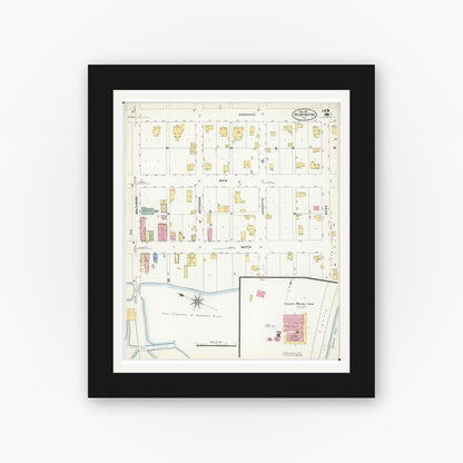 Old map wall art mockup — black gallery frame with white mat — Sanborn Fire Insurance Map from Wilmington, Will County, Illinois (1907), Sheet #0002