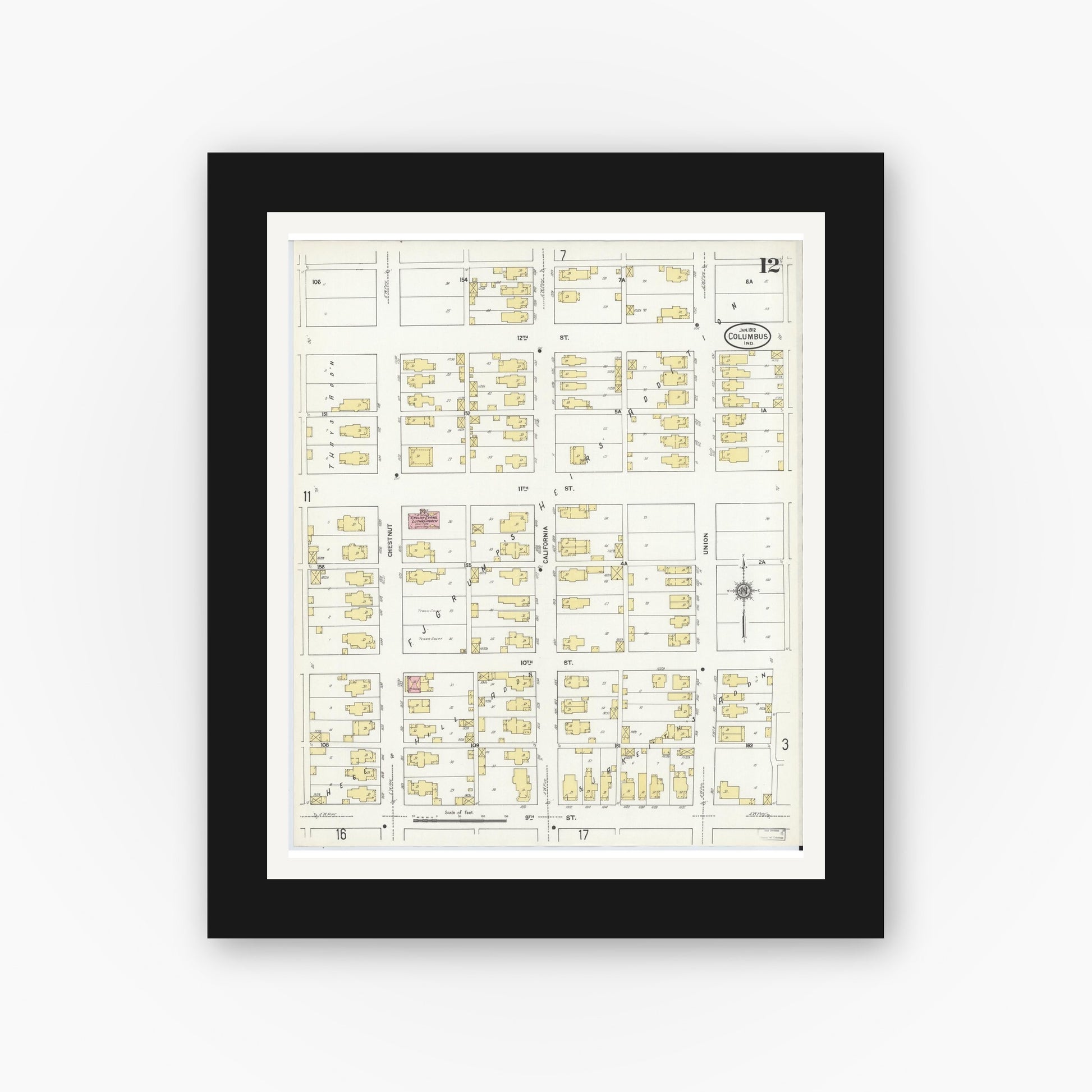 Old map wall art mockup — black gallery frame with white mat — Sanborn Fire Insurance Map from Columbus, Bartholomew County, Indiana (1912), Sheet #0012