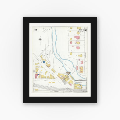 Old map wall art mockup — black gallery frame with white mat — Sanborn Fire Insurance Map from Elyria, Lorain County, Ohio (1925), Sheet #0025