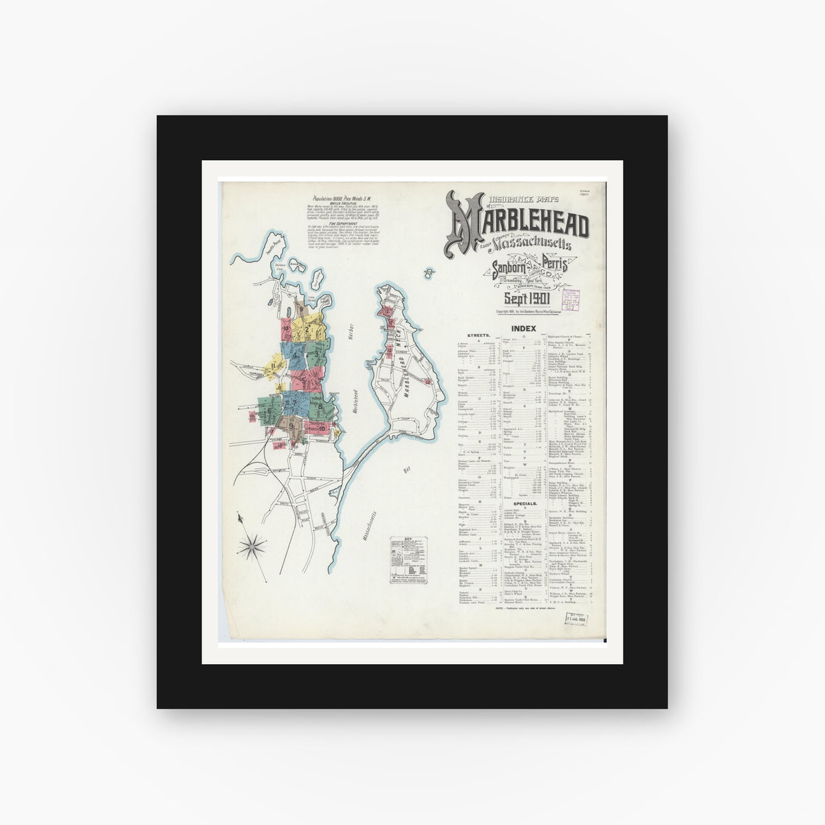 Old map wall art mockup — black gallery frame with white mat — Sanborn Fire Insurance Map from Marblehead, Essex County, Massachusetts (1901), Sheet #0001