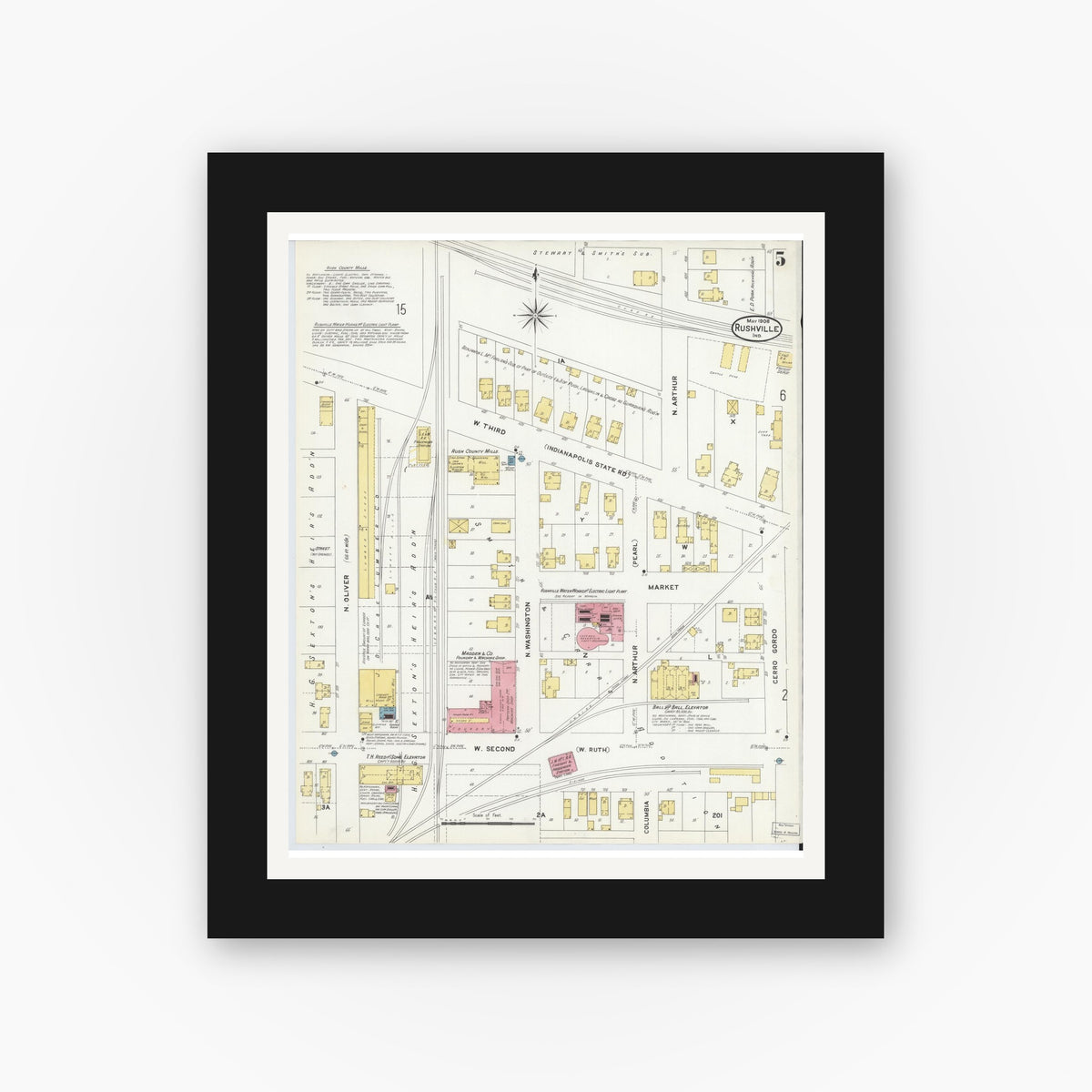 Old map wall art mockup — black gallery frame with white mat — Sanborn Fire Insurance Map from Rushville, Rush County, Indiana (1908), Sheet #0005