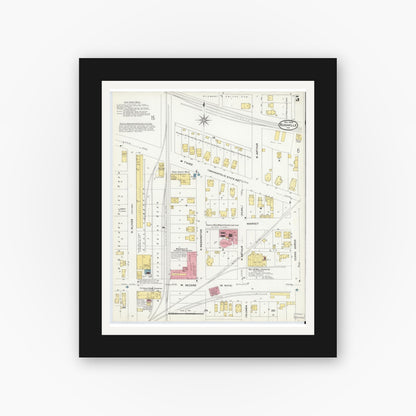 Old map wall art mockup — black gallery frame with white mat — Sanborn Fire Insurance Map from Rushville, Rush County, Indiana (1908), Sheet #0005