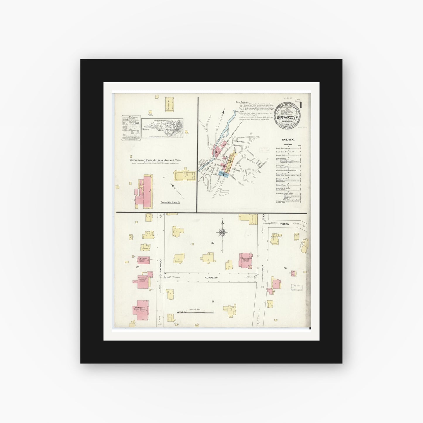Old map wall art mockup — black gallery frame with white mat — Sanborn Fire Insurance Map from Waynesville, Haywood County, North Carolina (1913), Sheet #0001