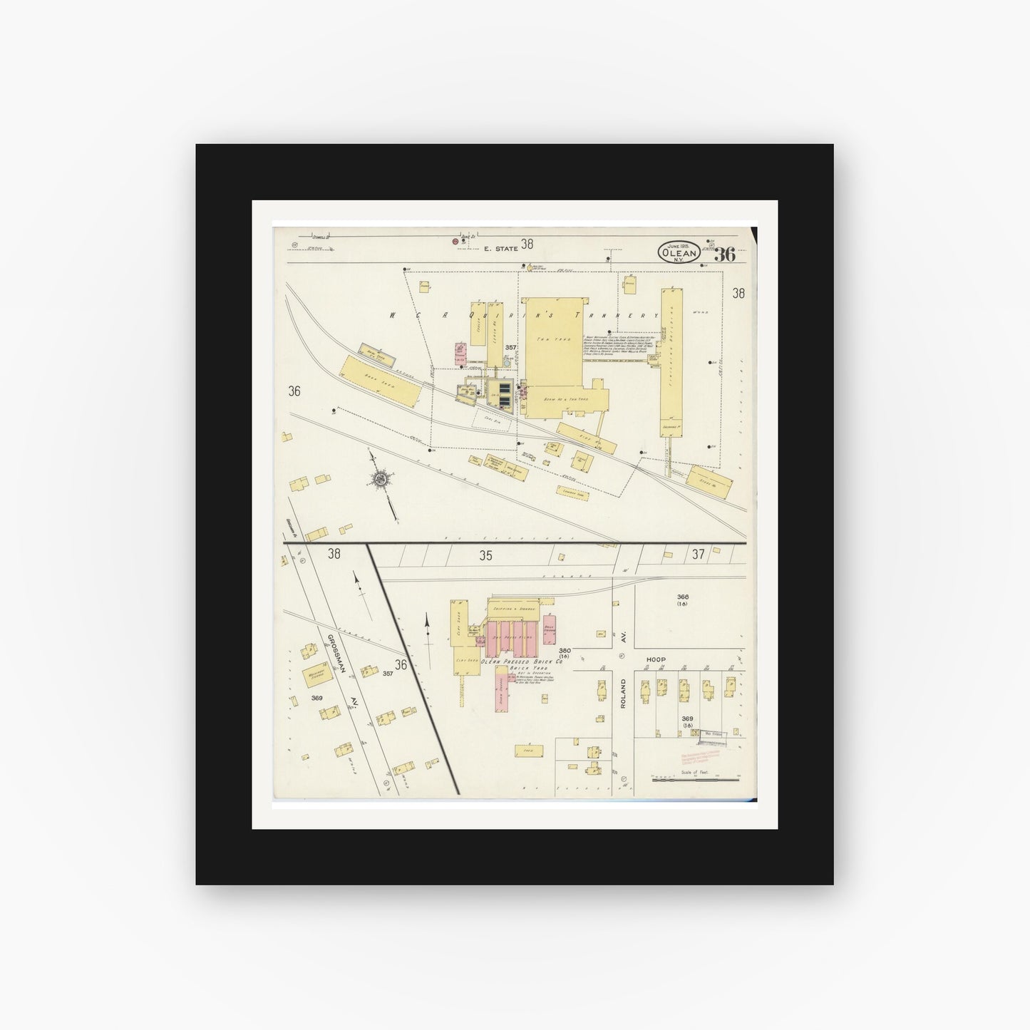 Old map wall art mockup — black gallery frame with white mat — Sanborn Fire Insurance Map from Olean, Cattaraugus County, New York (1915), Sheet #0036