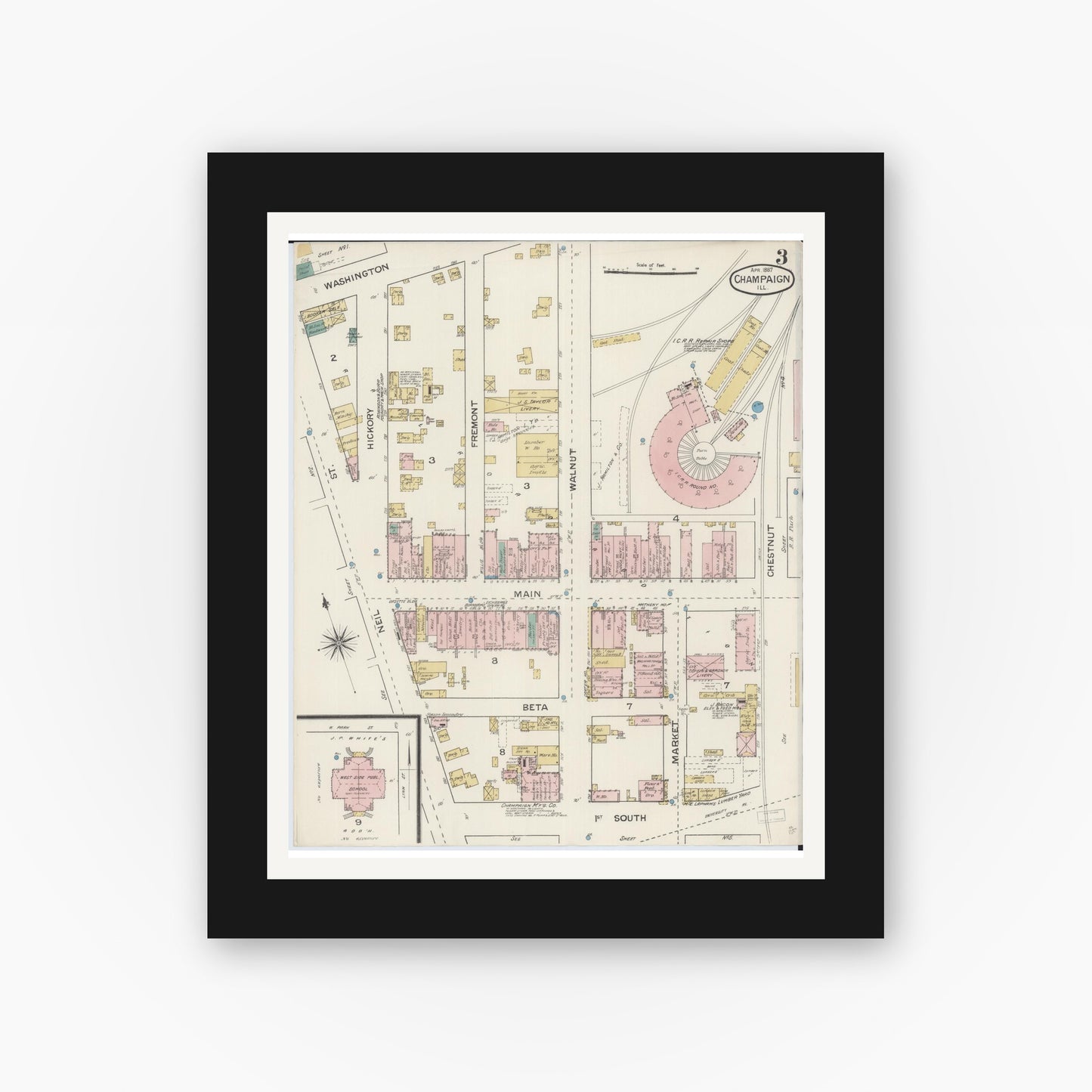 Old map wall art mockup — black gallery frame with white mat — Sanborn Fire Insurance Map from Champaign, Champaign County, Illinois (1887), Sheet #0003